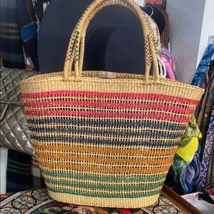 Vintage 60’s- Multicolor Woven Tote Bag - straw- mid century